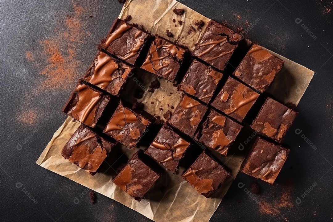 Pedaços quadrados de brownie cortam fatias sobre a mesa de madeira