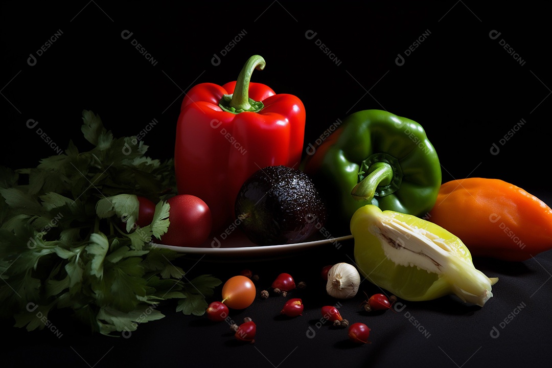 Conceito de alimentação saudável com muitas frutas, legumes e carnes.