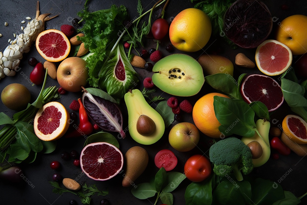 Conceito de alimentação saudável com muitas frutas, legumes e carnes.