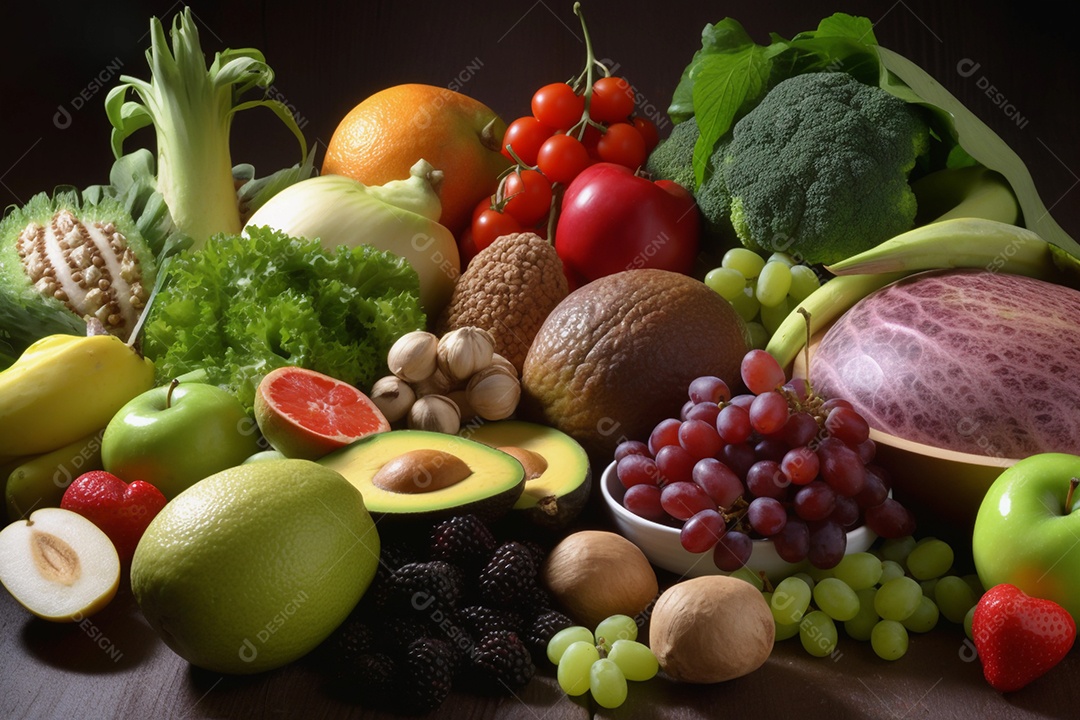 Conceito de alimentação saudável com muitas frutas, legumes e carnes.