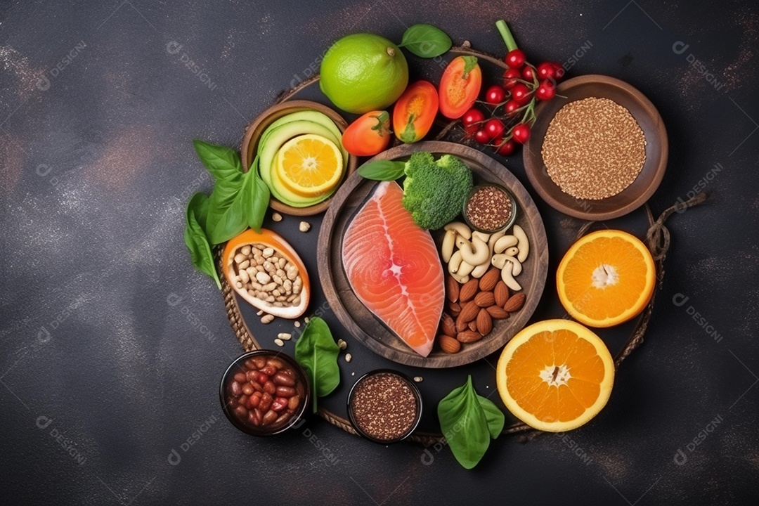 Conceito de alimentação saudável com muitas frutas, legumes e carnes.