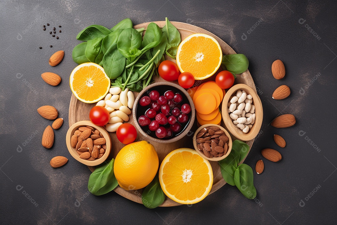 Conceito de alimentação saudável com muitas frutas, legumes e carnes.