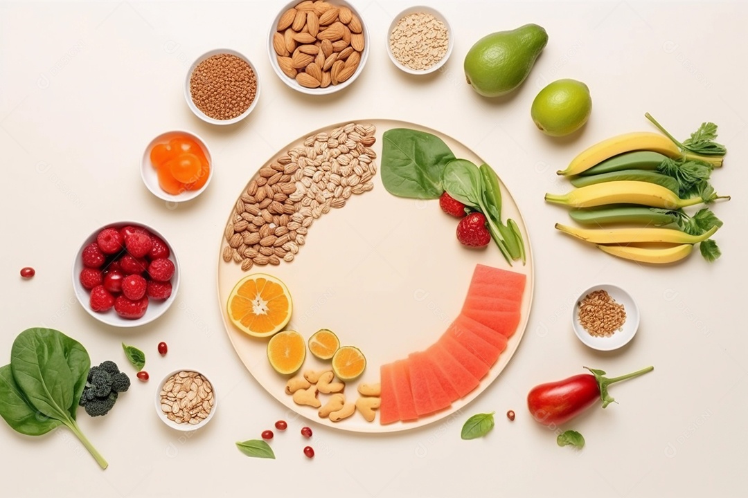 Conceito de alimentação saudável com muitas frutas, legumes e carnes.