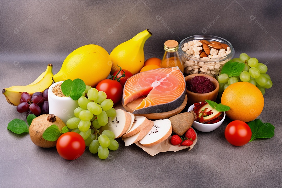 Conceito de alimentação saudável com muitas frutas, legumes e carnes.