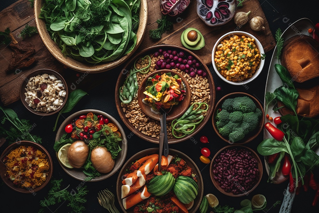 conceito de alimentação saudável com muitas frutas, legumes e carnes.