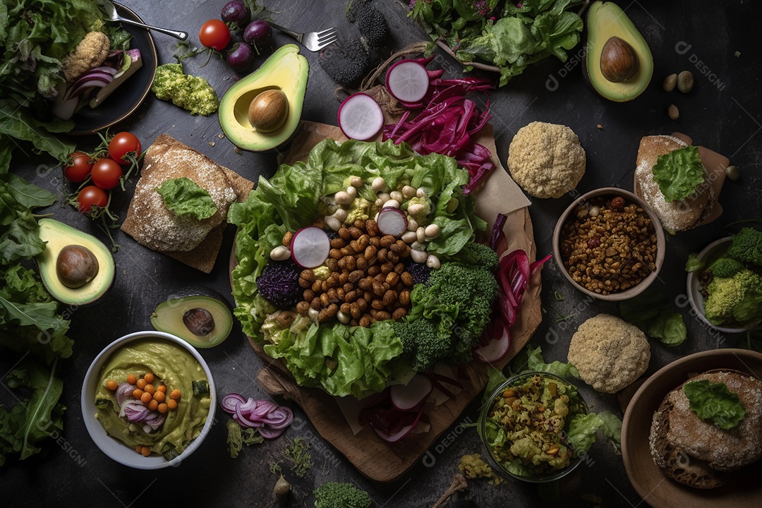 conceito de alimentação saudável com muitas frutas, legumes e carnes.