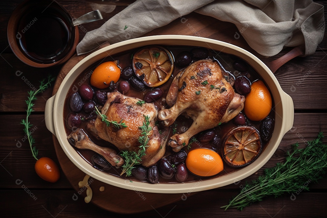 coq au vin, prato típico da culinária francesa, feito com carne de galo e vinho.