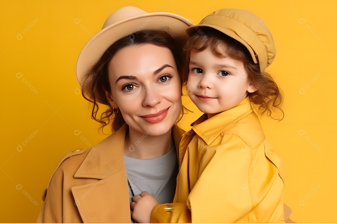Mãe Com Chápeu Segurando Sua Filha Fofa Fundo Isolado Laranja