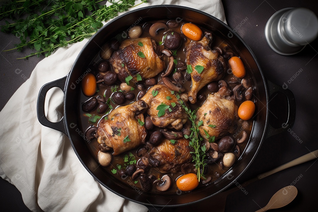 coq au vin, prato típico da culinária francesa, feito com carne de galo e vinho.