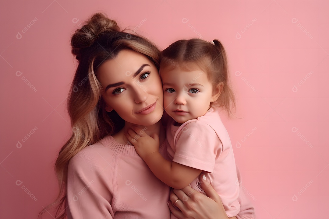 Mãe Segurando Sua Filha Fofa Fundo Isolado Rosa