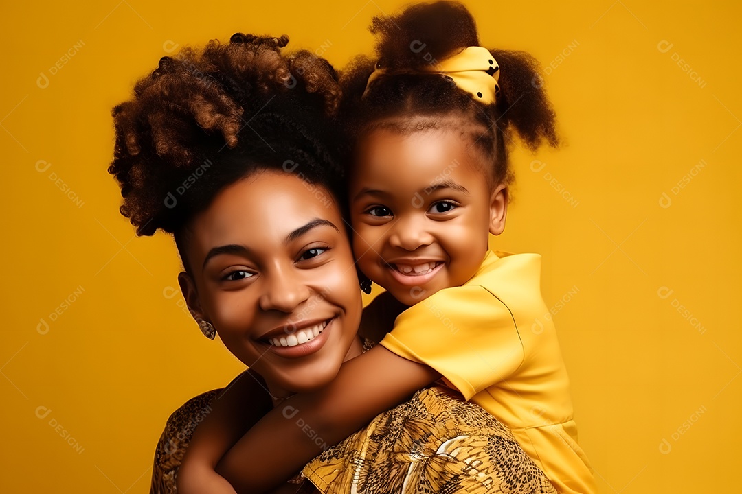 Mãe Negra Segurando Sua Filha Fofa Fundo Isolado Laranja