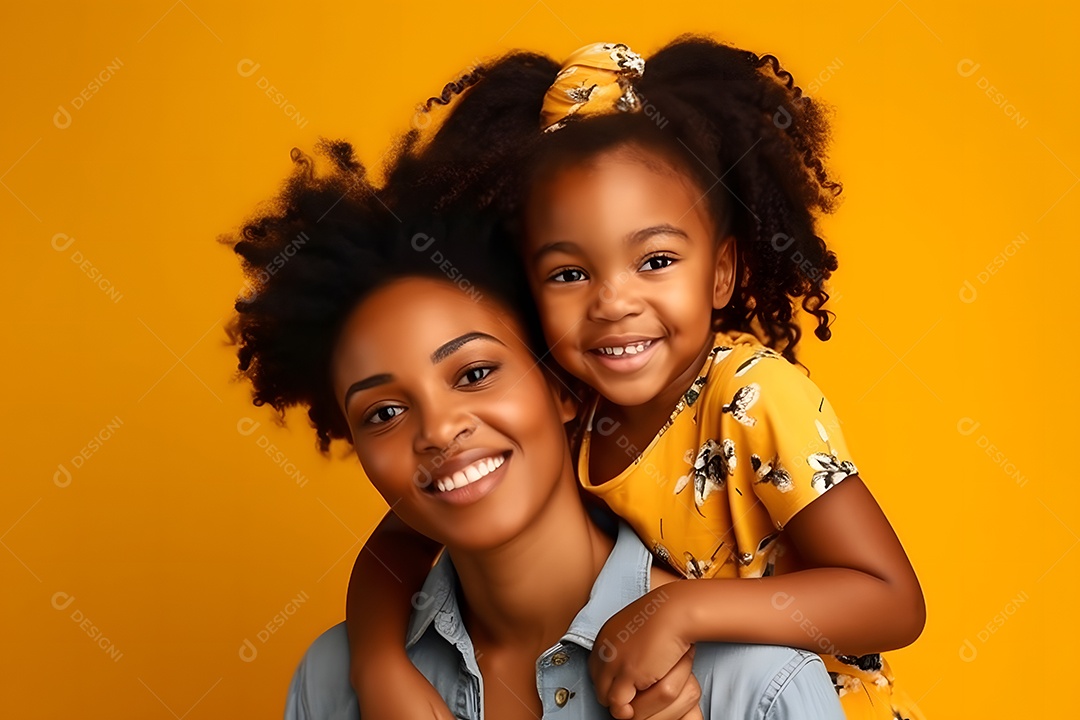 Mãe Negra Segurando Sua Filha Fofa Fundo Isolado Laranja