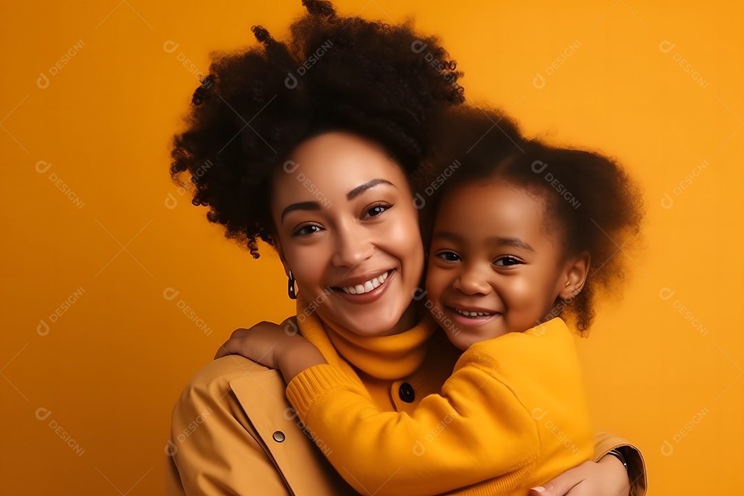 Mãe Negra Segurando Sua Filha Fofa Fundo Isolado Laranja