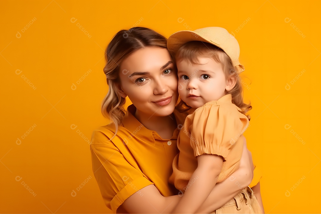 Mãe Segurando Sua Filha Fofa Fundo Isolado Laranja