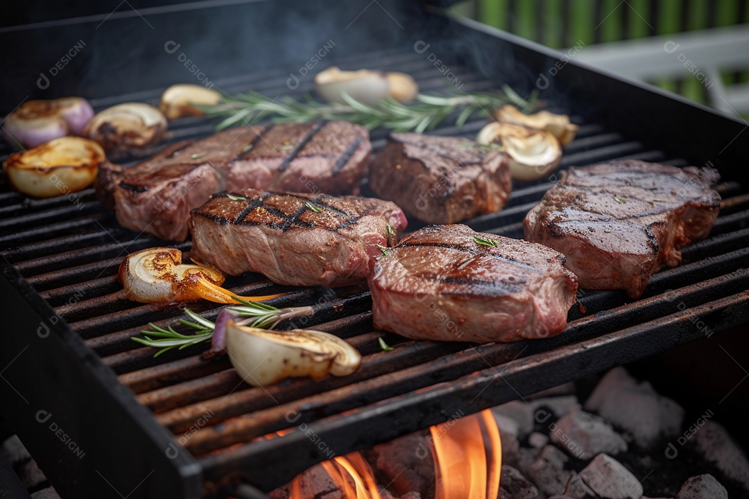Grelhar bife na festa de churrasco, carne bovina em uma grelha.