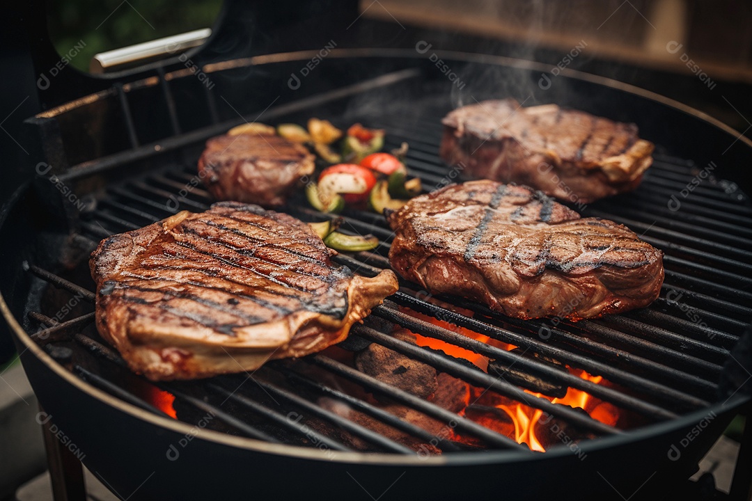 Grelhar bife na festa de churrasco, carne bovina em uma grelha.