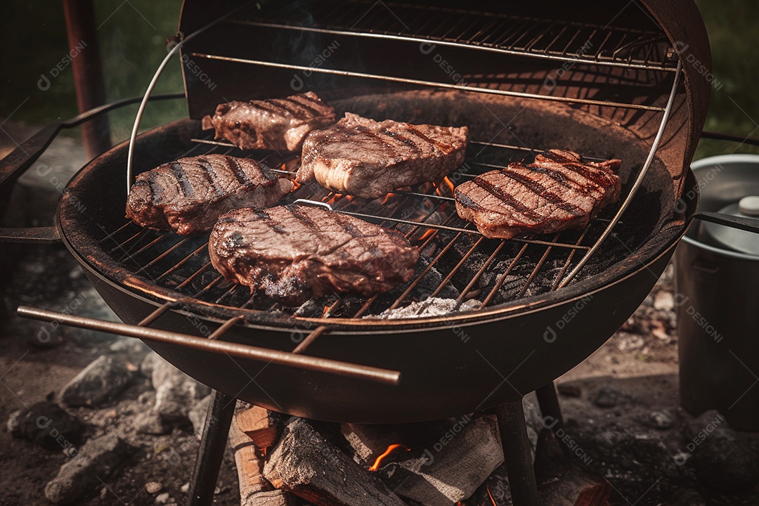 Grelhar bife na festa de churrasco, carne bovina em uma grelha.