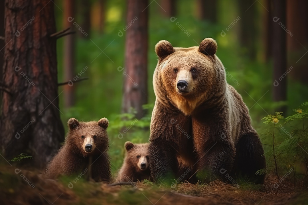 Ursa mãe com seus filhotes olhando para a câmera gerado por IA