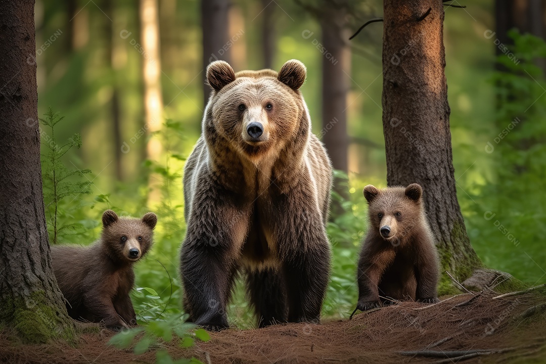 Ursa mãe com seus filhotes olhando para a câmera gerado por IA