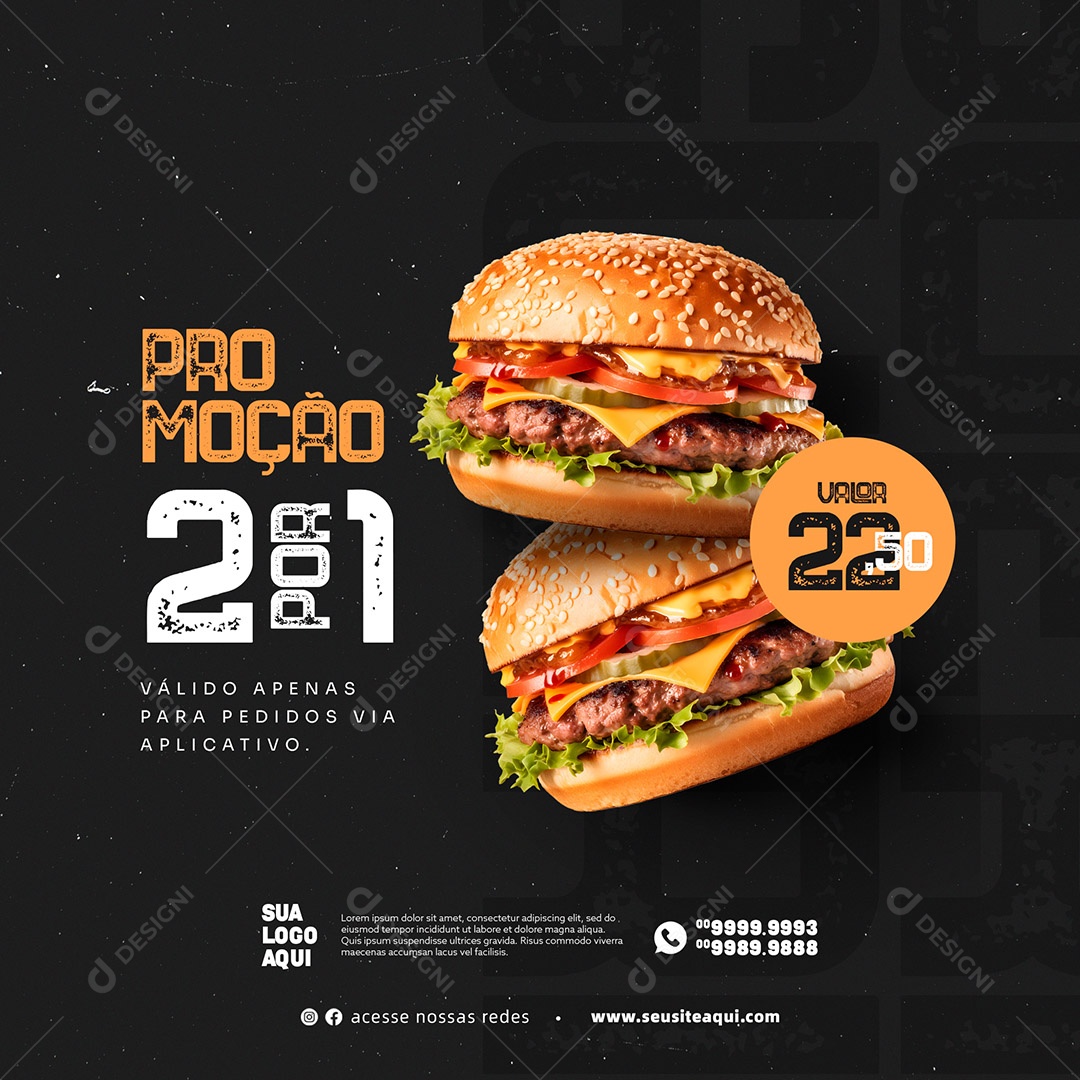 Promoção 2 Por 1 Hambúrguer Hamburgueria Social Media PSD Editável