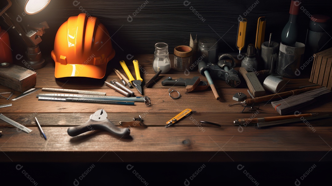 Mesa de madeira com equipamentos de um chefe de obra.