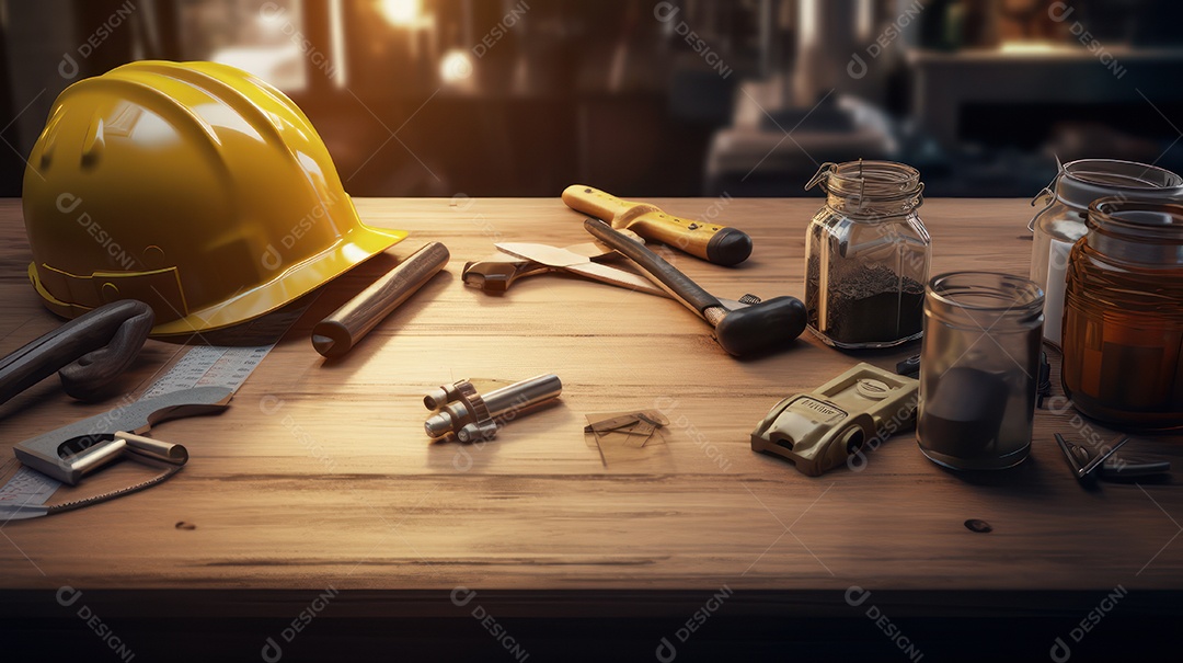 Mesa de madeira com equipamentos de um chefe de obra.