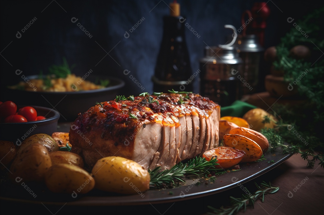 Lombo de porco assado caseiro com batatas assadas, ervas finas e amêndoas na tábua.