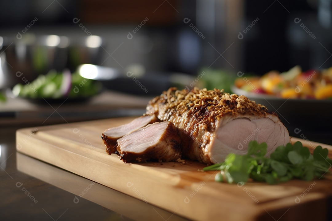 Lombo de porco assado caseiro com batatas assadas, ervas finas e amêndoas na tábua.