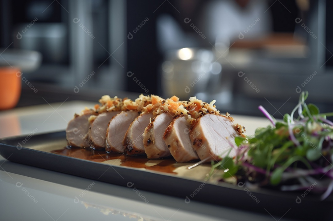 Lombo de porco assado caseiro com batatas assadas, ervas finas e amêndoas na tábua.