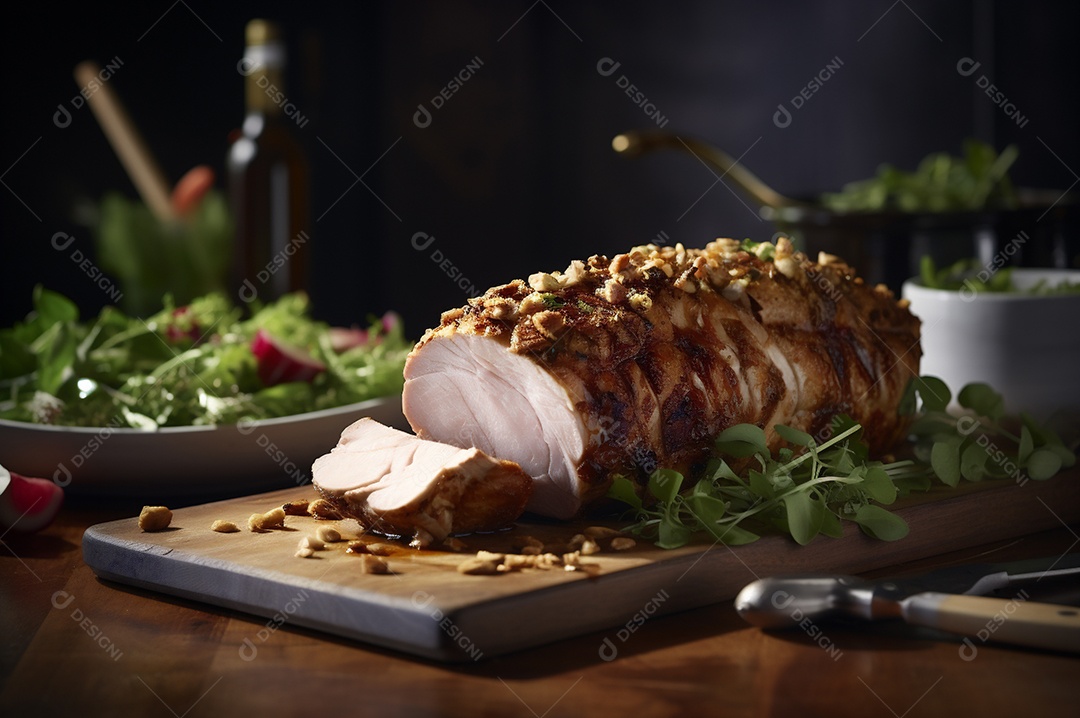 Lombo de porco assado caseiro com batatas assadas, ervas finas e amêndoas na tábua.