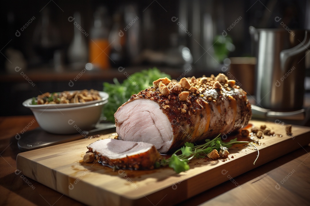 Lombo de porco assado caseiro com batatas assadas, ervas finas e amêndoas na tábua.