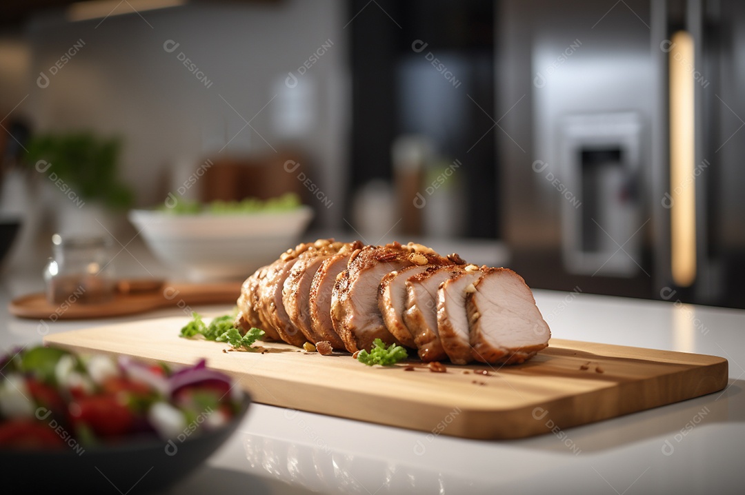 Lombo de porco assado caseiro com batatas assadas, ervas finas e amêndoas na tábua.