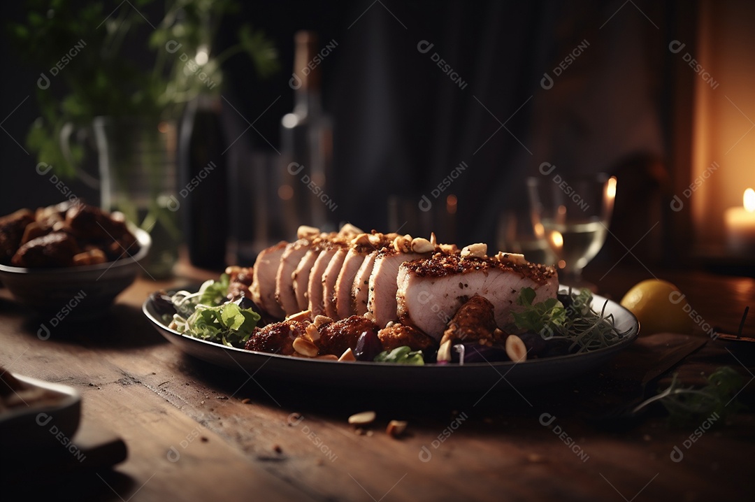 Lombo de porco assado caseiro com batatas assadas, ervas finas e amêndoas na tábua.