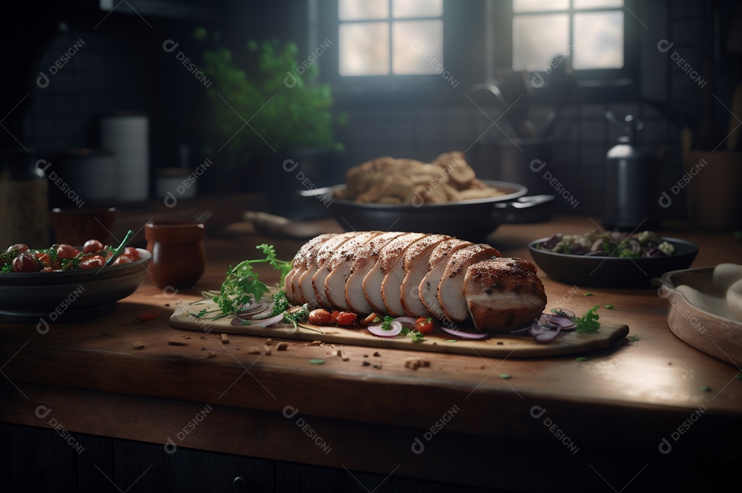 Lombo de porco assado caseiro com batatas assadas, ervas finas e amêndoas na tábua.