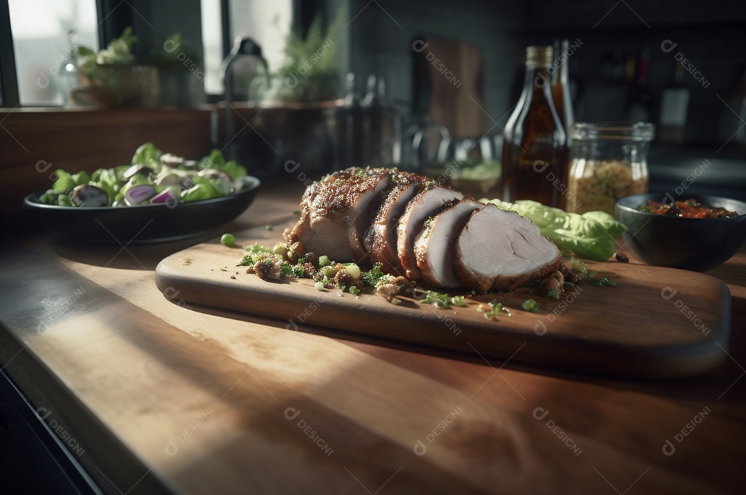 Lombo de porco assado caseiro com batatas assadas, ervas finas e amêndoas na tábua.