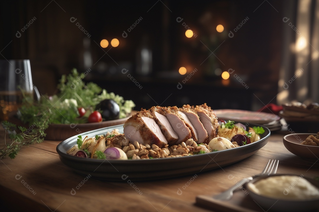 Lombo de porco assado caseiro com batatas assadas, ervas finas e amêndoas na tábua.