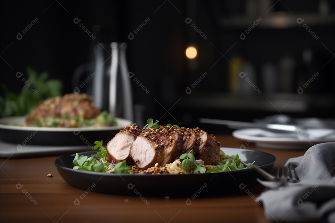 Lombo de porco assado caseiro com batatas assadas, ervas finas e amêndoas na tábua.