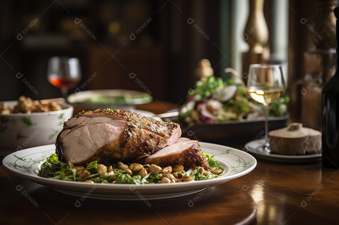 Lombo de porco assado caseiro com batatas assadas, ervas finas e amêndoas na tábua.