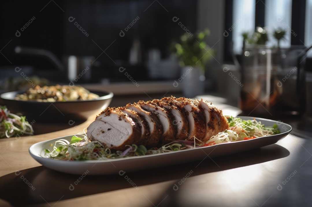 Lombo de porco assado caseiro com batatas assadas, ervas finas e amêndoas na tábua.