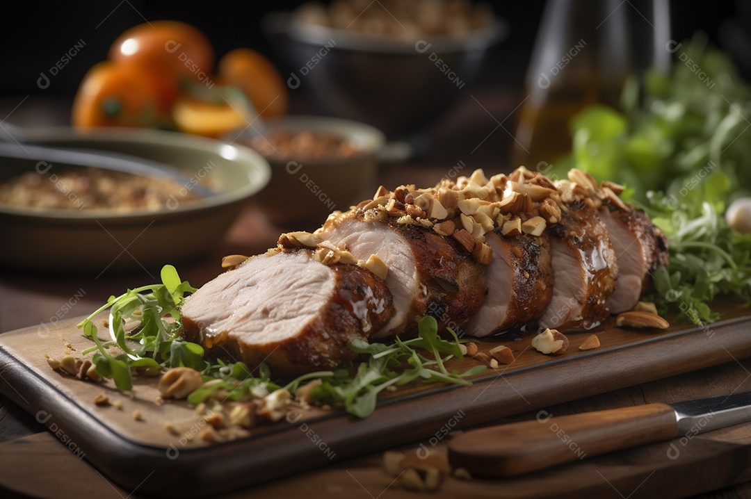 Lombo de porco assado caseiro com batatas assadas, ervas finas e amêndoas na tábua.