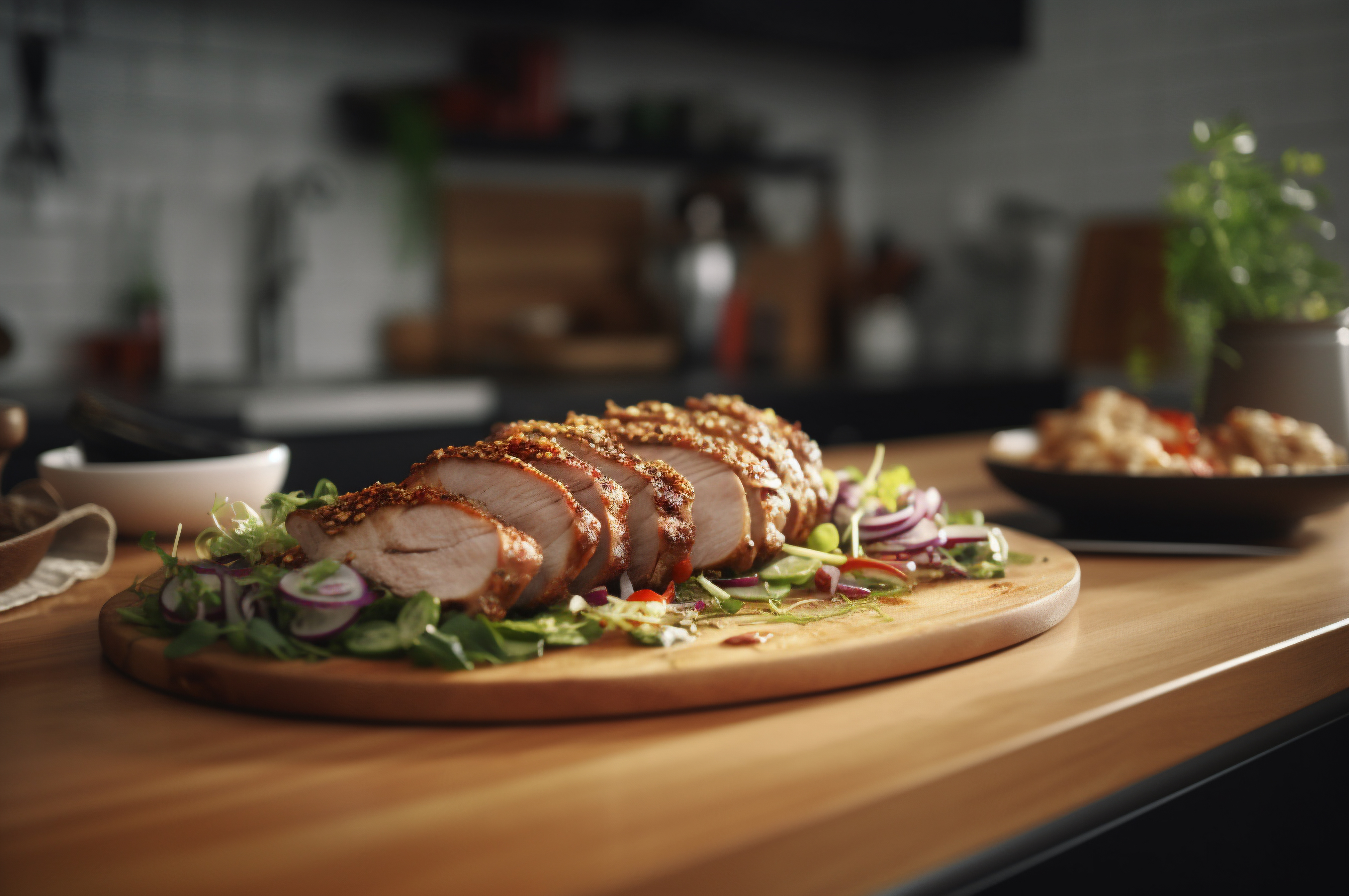 Lombo de porco assado caseiro com batatas assadas, ervas finas e amêndoas na tábua.