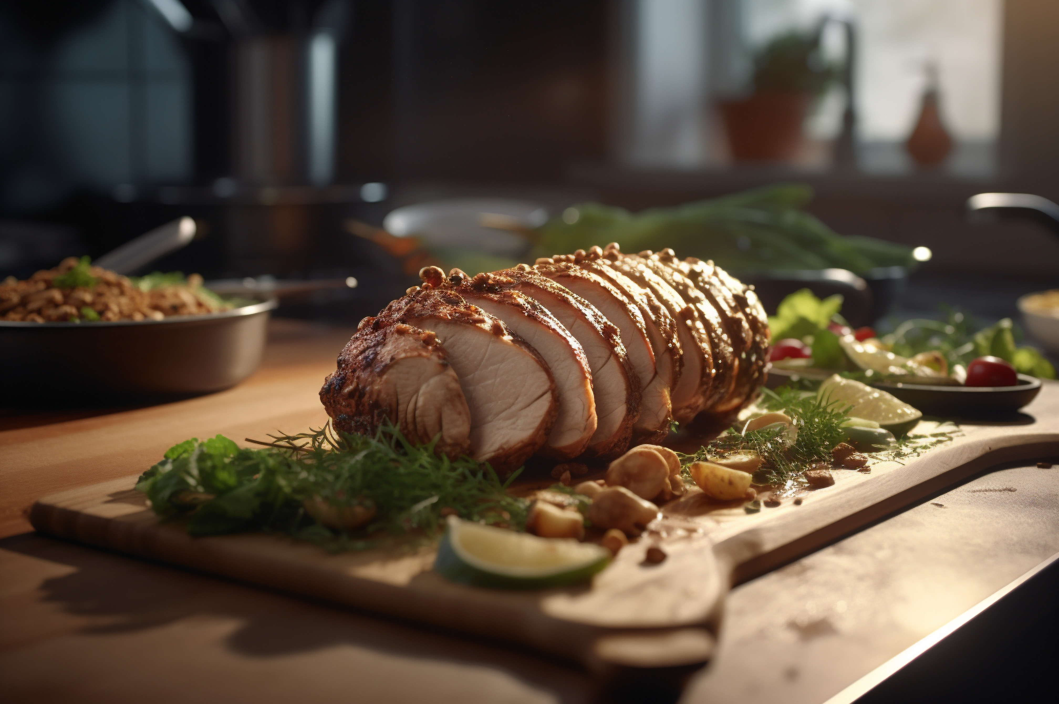 Lombo de porco assado caseiro com batatas assadas, ervas finas e amêndoas na tábua.