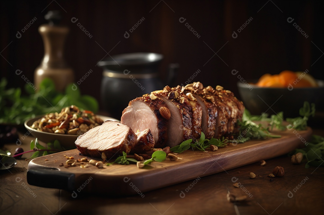 Lombo de porco assado caseiro com batatas assadas, ervas finas e amêndoas na tábua.