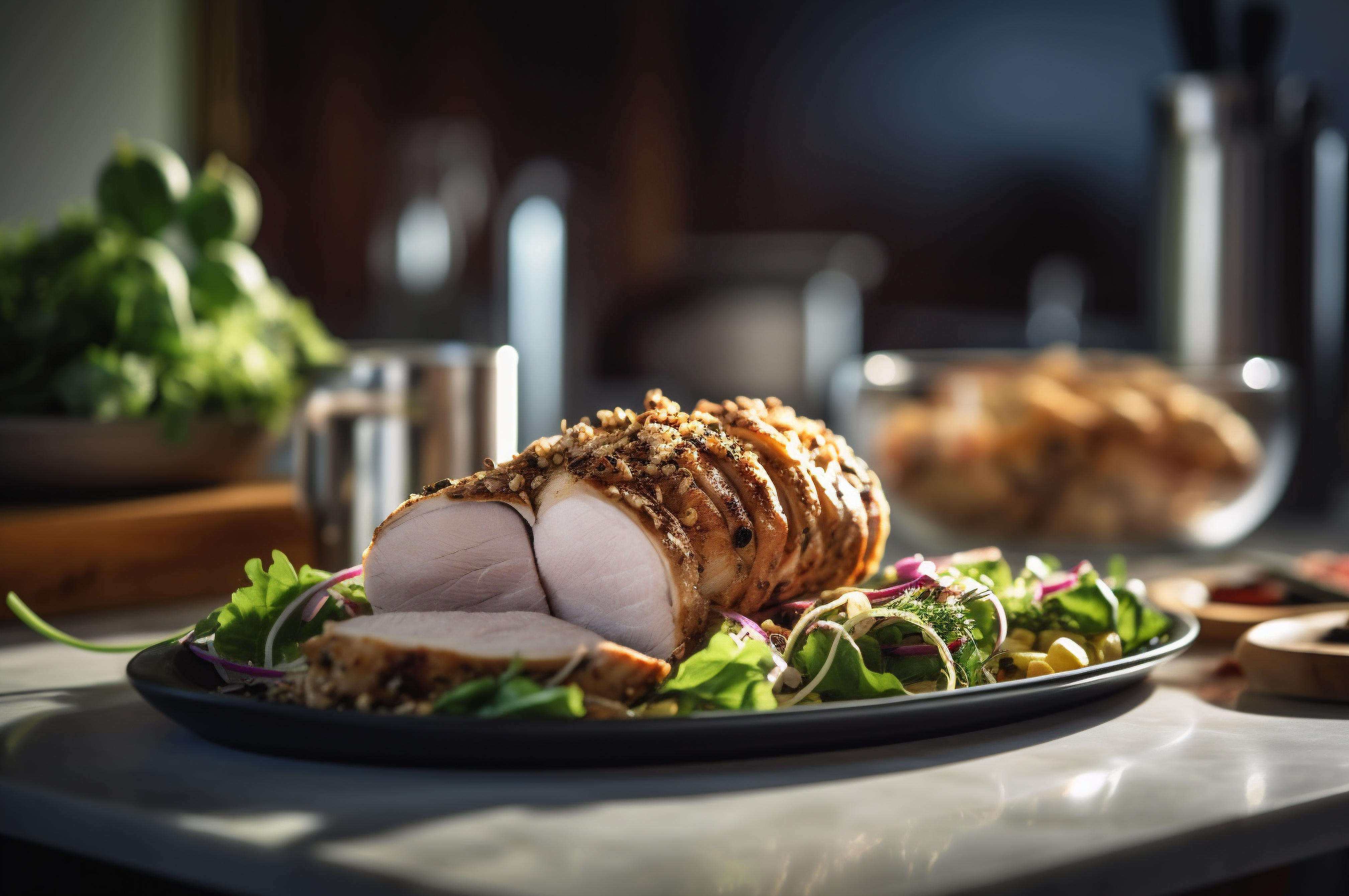 Lombo de porco assado caseiro com batatas assadas, ervas finas e amêndoas na tábua.