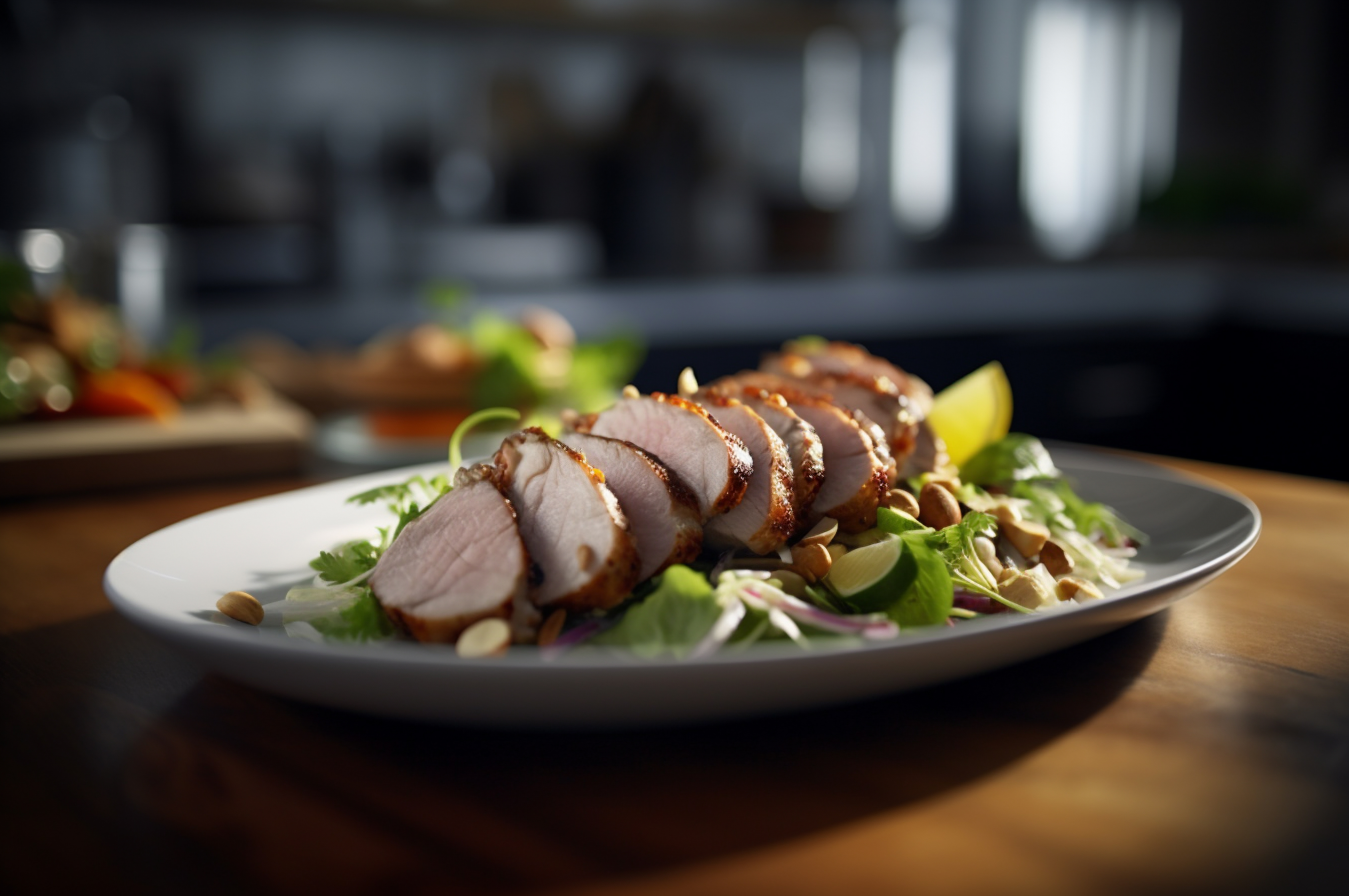 Lombo de porco assado caseiro com batatas assadas, ervas finas e amêndoas na tábua.