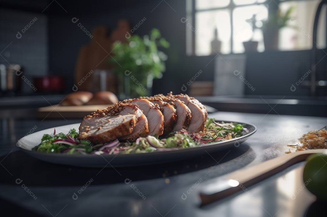 Lombo de porco assado caseiro com batatas assadas, ervas finas e amêndoas na tábua.