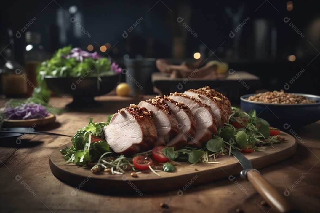 Lombo de porco assado caseiro com batatas assadas, ervas finas e amêndoas na tábua.