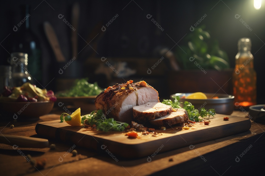 Lombo de porco assado caseiro com batatas assadas, ervas finas e amêndoas na tábua. o assado caseiro com batatas assadas, ervas finas e amêndoas na tábua.