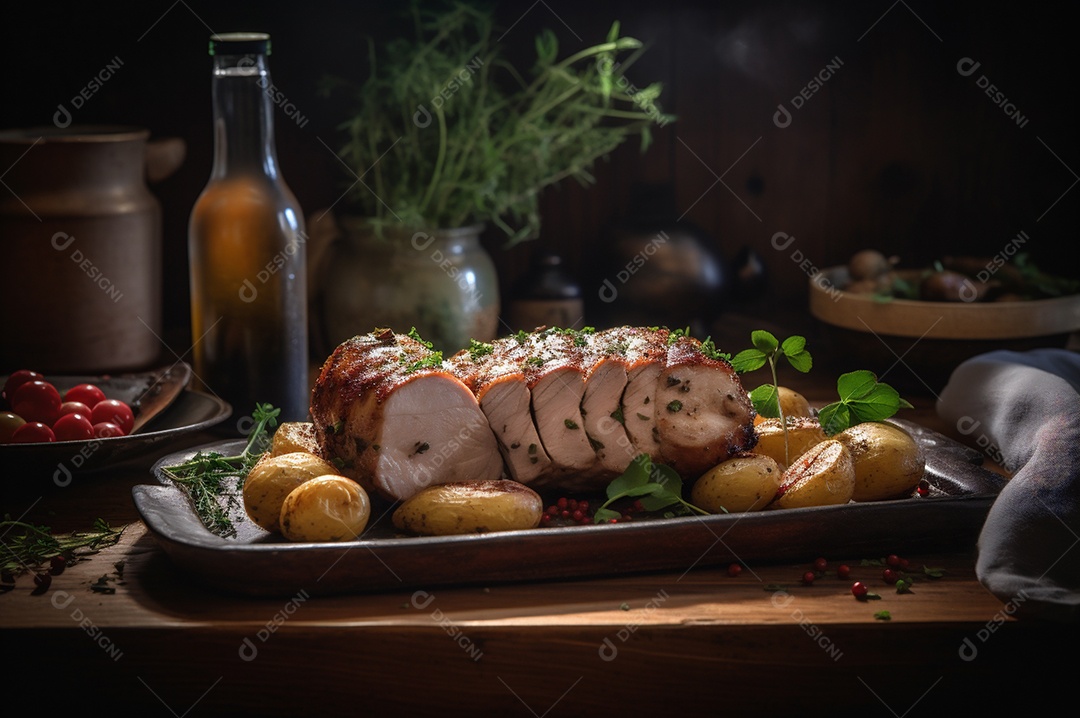 Lombo de porco assado caseiro com batatas assadas, ervas finas e amêndoas na tábua.