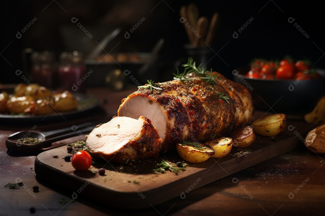 Lombo de porco assado caseiro com batatas assadas, ervas finas e amêndoas na tábua.